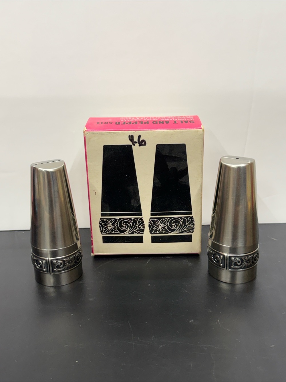 Vintage NOS Ornate Floral Band Stainless Steel Salt & Pepper Shakers - Silver